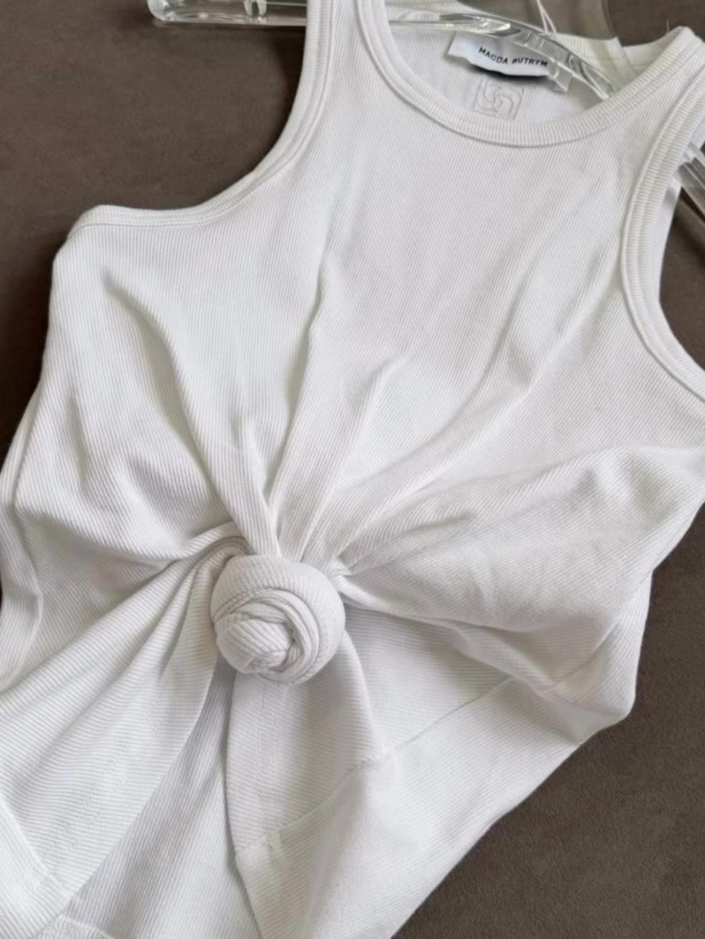 100% Cotton Ribbed Front Knot Cropped Tank Top White - Picture 4 of 6